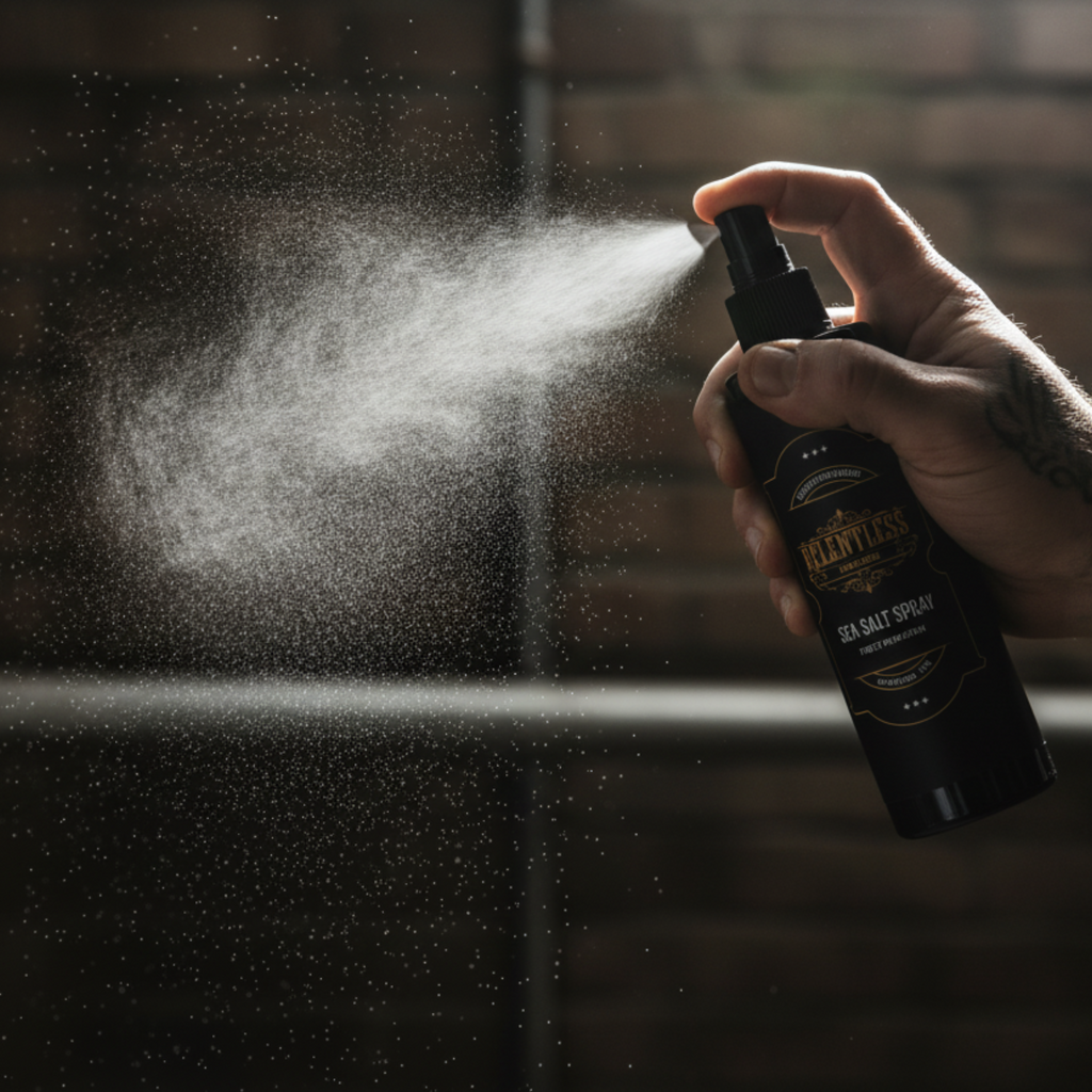 Sea salt spray mist in air—light, natural texture; low shine.