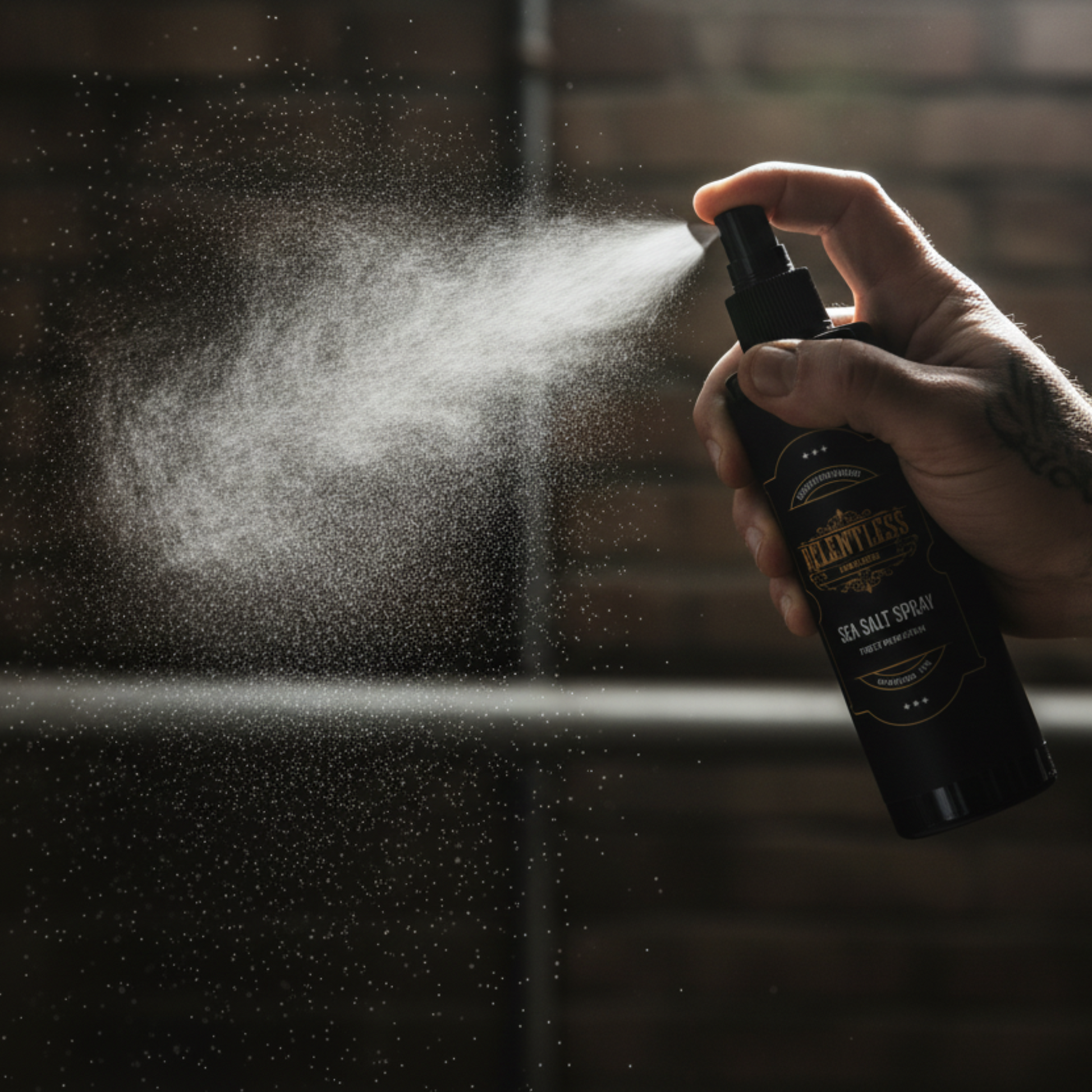Sea salt spray mist in air—light, natural texture; low shine.