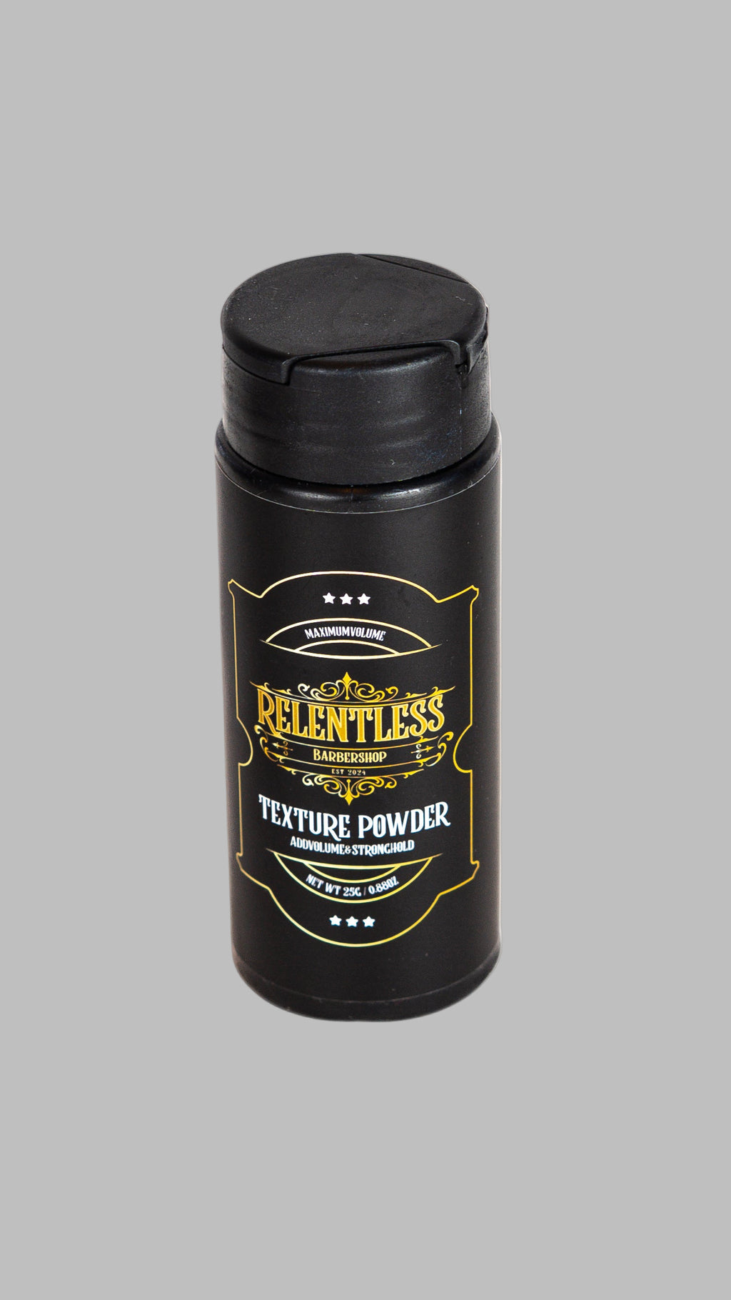 Black container of texture powder with visible branding on a white background