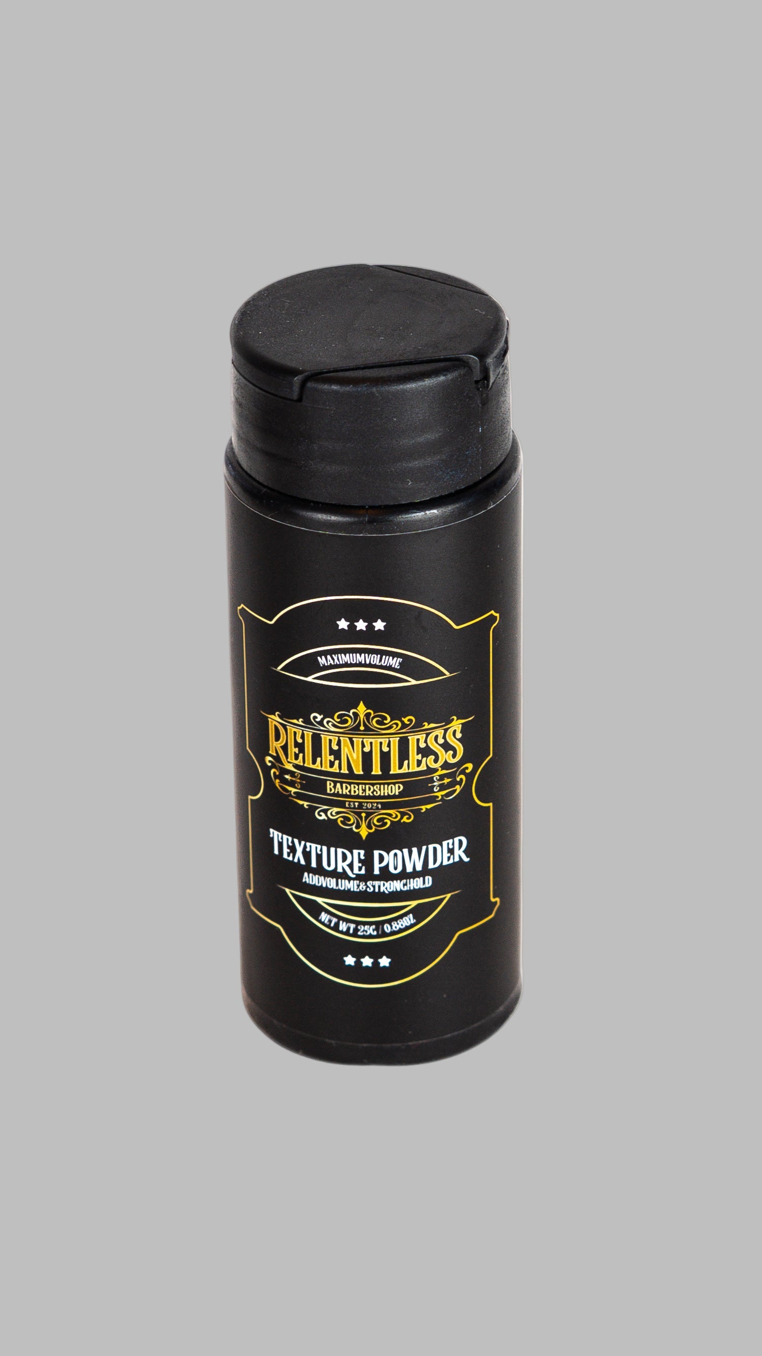 Black container of texture powder with visible branding on a white background