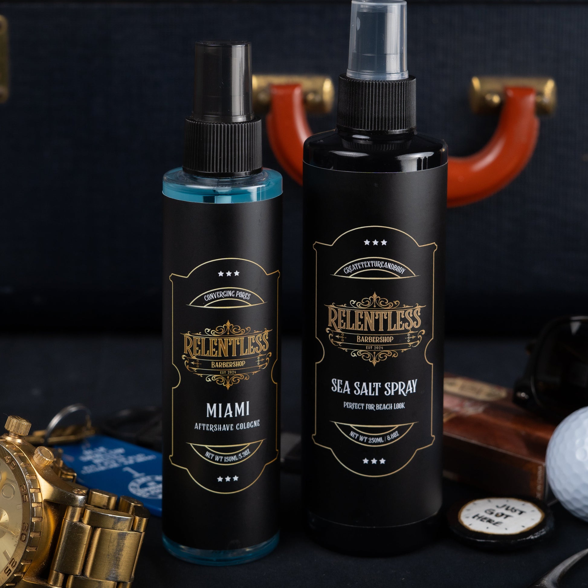 Relentless Barber Sea Salt Spray—front label, matte finish, Chicago barbershop product.