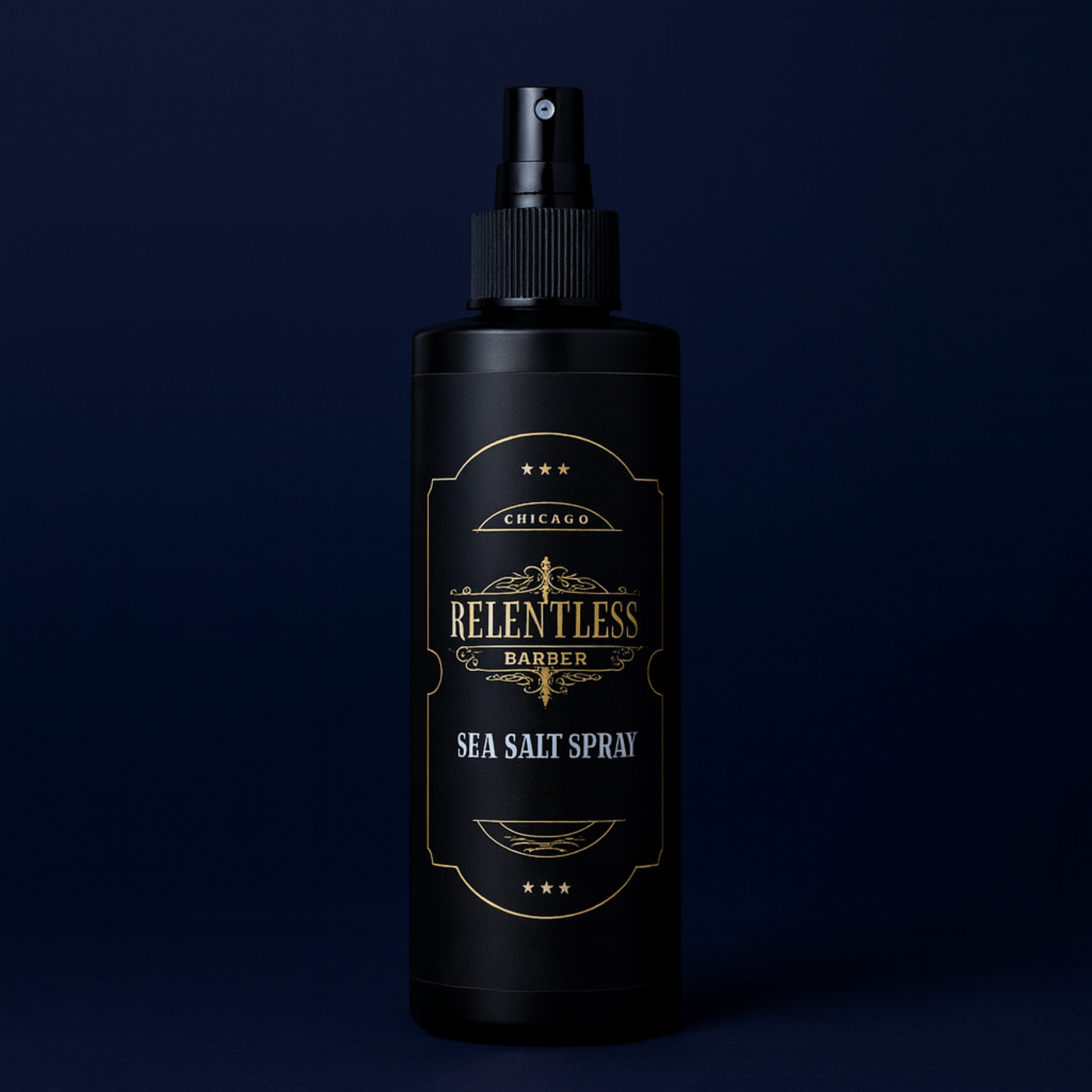 Relentless Barber Sea Salt Spray—front label, matte finish, Chicago barbershop product.